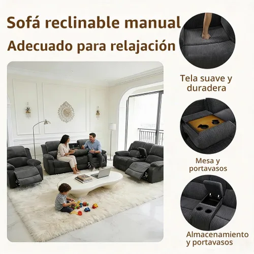 Vista 4 de Juego de sofá reclinable manual de 3 piezas, sofá reclinable de pana para sala de estar Gris oscuro