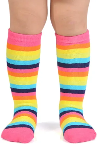 Vista 4 de EPEIUS Calcetines altos a la rodilla con rayas arco iris para bebé, medias de tubo antideslizantes, calcetines de fútbol para niños pequeños y niños