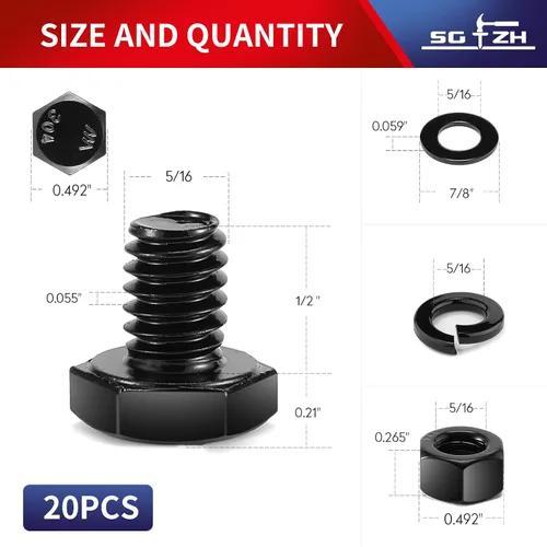 Vista 2 de Tornillo de cabeza hexagonal de 5/16-18 x 1/2 pulgadas, tuercas, arandelas planas y de bloqueo, 20 piezas de acero inoxidable 18-8 (304), totalmente