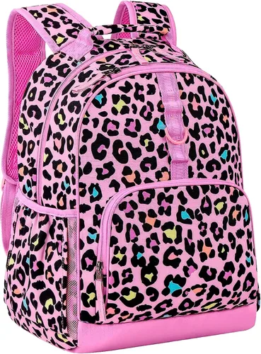 Vista 5 de Choco Mocha Mochila de escuela primaria de 17 pulgadas para niños, rosa (Leopard-pink)
