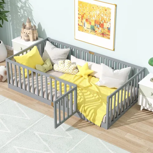 Vista 13 de Cama Montessori de madera tamaño matrimonial con valla de alta Blanco (White F)
