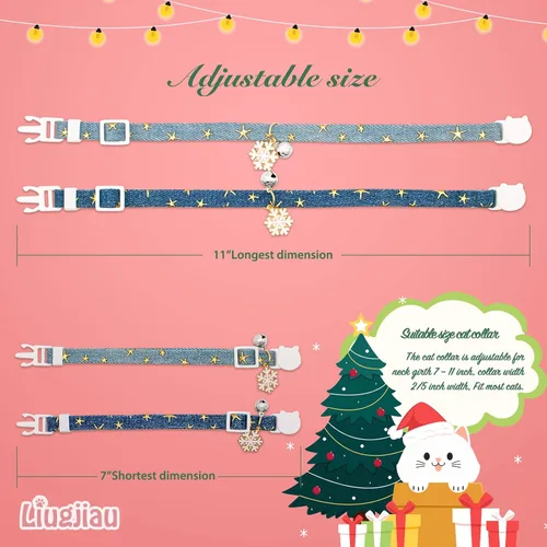 Vista 4 de Paquete de 2 Collares para Gatos Separables de Algodón con Campana Azul Oscuro y Azul Claro con Colgante de Copo de Nieve Blanco Lindo Collar