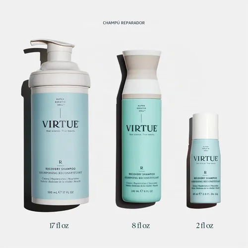Vista 5 de VIRTUE Champú de recuperación sin sulfato con queratina y aceite de semilla de baobab para cabello dañado, color seguro