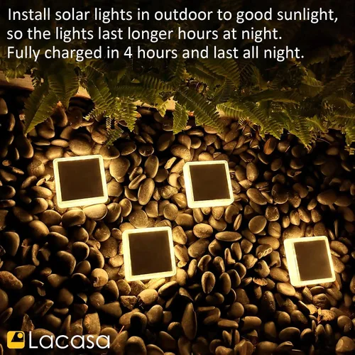 Vista 9 de Lacasa – Luces de terraza solares, paquete de 4 luces LED de 30LM para muelle, blanco cálido 2700K, luces de escalones exteriores alimentadas por