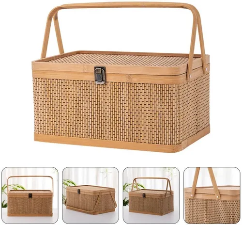 Vista 7 de Alipis Cesta de bambú con tapa, cesta de picnic de bambú con tapa y asa, cesta de almacenamiento tejida, cesta de pan de frutas, organizador