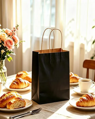 Vista 7 de qiqee Paquete de 26 bolsas de regalo negras con asas a granel de 8.3 x 3 x 6 pulgadas, bolsas de papel kraft de tamaño pequeño para fiestas