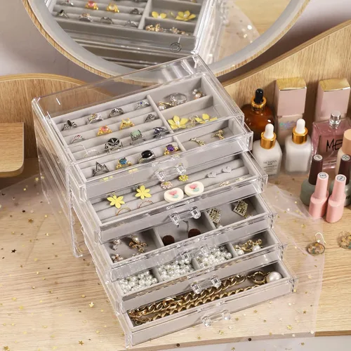 Vista 5 de Cq acrylic Organizador de joyas con 5 cajones caja de joyería de acrílico transparente regalo para mujeres hombres niños y niñas apilable
