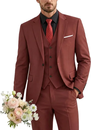 Vista 13 de Traje de 3 piezas para hombre con corbata, chaleco sólido de un botón y beige (529-beige)