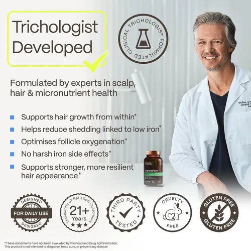Vista 3 de DermaIRON Suplemento de hierro para mujeres y hombres, plancha suave para baja ferritina y apoyo a la anemia, adelgazamiento del cabello y apoyo a