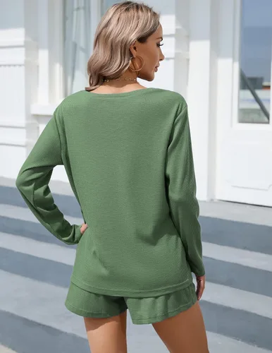 Vista 5 de Ekouaer Conjunto de pijama de punto gofre para mujer, camiseta de manga larga y pantalones cortos, conjuntos de dos piezas con bolsillos, tallas