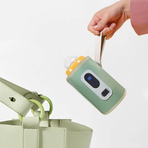 Vista 2 de Calentador de biberones USB, protector de calor de leche para bebés con pantalla LED para el hogar, viajes, automóvil (verde)