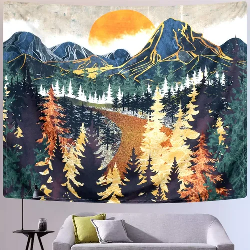 Vista 3 de SENYYI Tapiz colgante de pared de montaña, arte de árboles del bosque, puesta de sol, camino en la naturaleza, paisaje, decoración del hogar