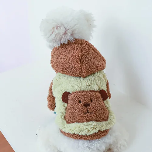Vista 2 de Suéter de sherpa con capucha para perro pequeño, abrigo de forro polar cómodo y suave con capucha para clima frío, ropa cálida para perros pequeños