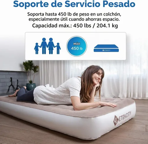 Vista 3 de Etekcity Colchón de aire mejorado de tamaño individual para campamento, cama inflable, colchón inflable elevado con bomba recargable para invitados