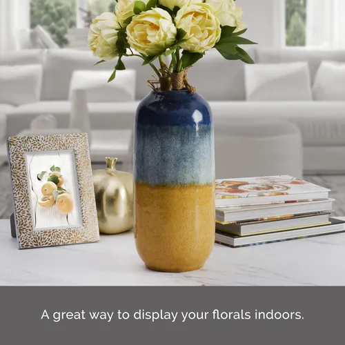Vista 4 de Elements Jarrón de cerámica azul y tostado, jarrón decorativo costero de dos tonos de 5.5 x 12 pulgadas de alto para decoración del hogar, flores