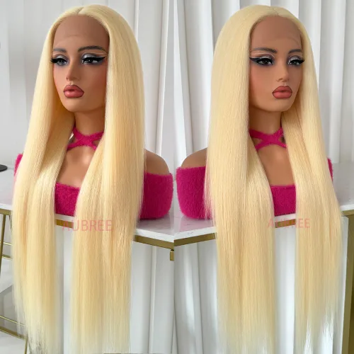 Vista 9 de Aubree Peluca de encaje frontal rubio 613, cabello largo y lacio, resistente al calor, fibra rubia, pelucas sintéticas sin pegamento, predepiladas