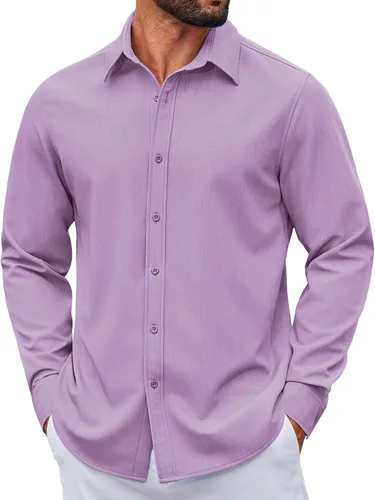 Vista 15 de COOFANDY Camisa de vestir casual de mezclilla con botones y manga larga para hombre