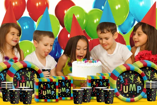 Vista 7 de Jump! Bounce House - Juego de suministros de fiesta para trampolín, platos, servilletas, vasos, kit de vajilla para 16