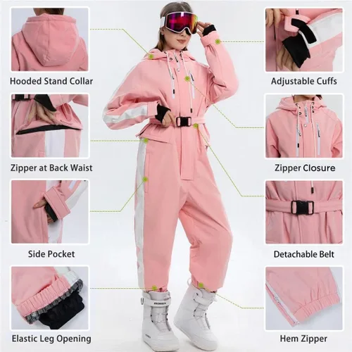 Vista 2 de ALSOGO Traje de esquí de una pieza para mujer, impermeable, aislado, con cinturón desmontable para deportes de nieve