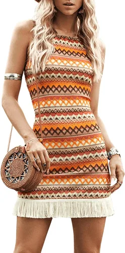 Vista 3 de Verdusa Mini vestido sin mangas con cuello halter a rayas con estampado de cheurón y dobladillo con flecos para mujer