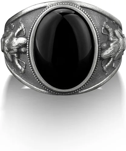 Vista 2 de BySilverStone Jewelry Anillo de sello ovalado con piedras preciosas de ónix negro para motociclista y pollo, anillos de plata de ley para hombre