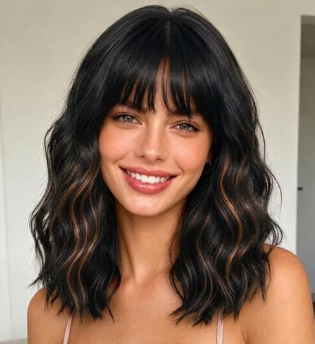 Vista 10 de Peluca negra con flequillo para mujeres negras, cabello rizado y ondulado de 14 pulgadas Negro