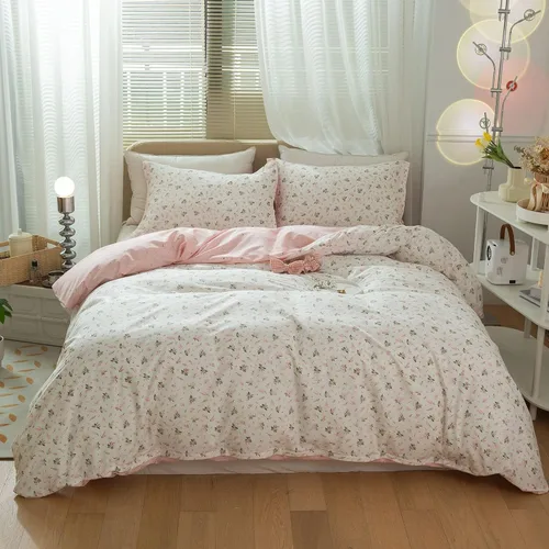 Vista 2 de mixinni Juego de funda de edredón de algodón floral para niñas y adolescentes, con lazos de cremallera, fácil cuidado, ultra suave y transpirable