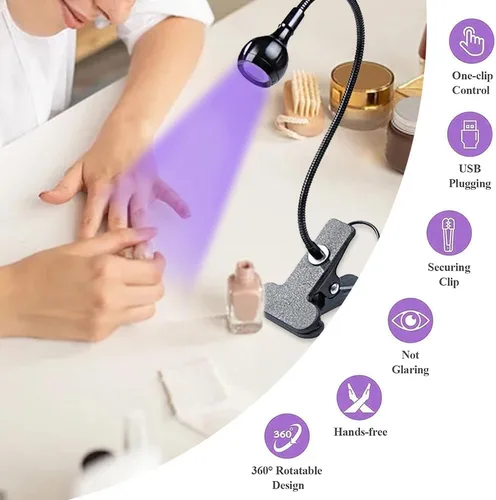 Vista 2 de Lámpara de curado de pegamento ultravioleta USB de 3 W LED UV, lámpara de uñas LED UV para uñas de gel, lámpara de escritorio flexible de abrazadera