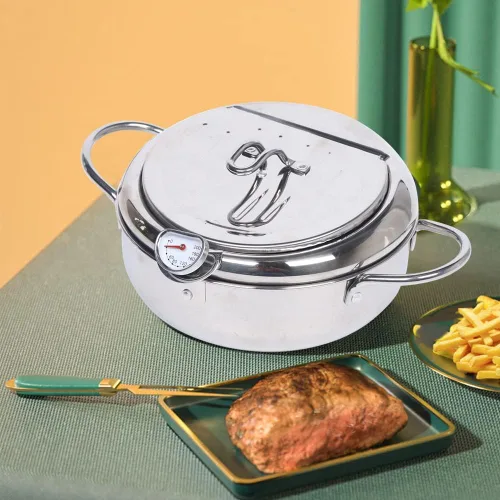 Vista 3 de Olla de freír profunda, freidora de estilo japonés de 2.2L con medidor de temperatura, freidora de acero inoxidable 304 para papas fritas