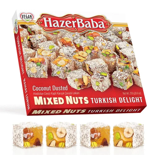 Vista 13 de Hazer Baba Delicias Turcas, Caja de bocadillos gourmet con nueces mixtas y sabor a vainilla, bocadillo tradicional vegano, Lokum turco, dulces