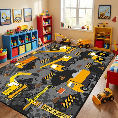 Vista 31 de Alfombra de construcción – Alfombras de construcción para habitación de niños, divertido diseño de camión de dibujos animados, alfombra de coche