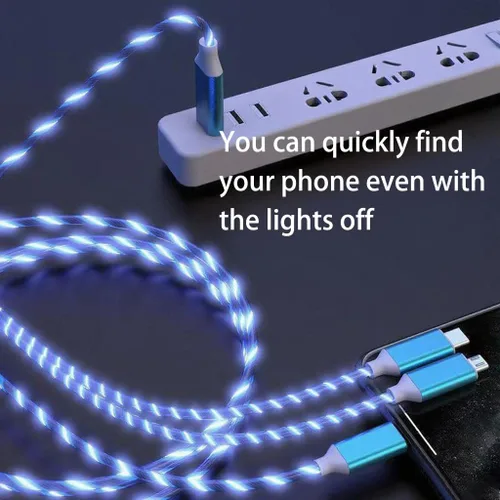 Vista 3 de Cable USB PD cargador rápido iluminado (USB 3 en 1 azul), cable de datos de teléfono, cable de carga de luz fluida, 39 pulgadas, material TPE