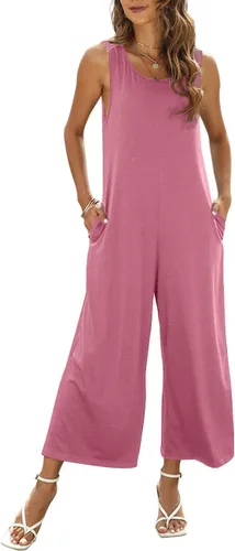Vista 2 de Overol de verano para mujer, casual, holgado, pantalones largos, cuello redondo, sin mangas, con bolsillos