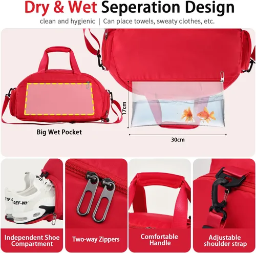 Vista 3 de FIORETTO Bolsa de deporte para hombre con bolsillo húmedo y compartimento para zapatos, ideal para viajes, gimnasio, deportes, natación, B-rojo