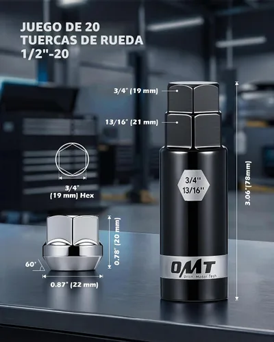 Vista 2 de OMT 1/2 "-20 tuercas de llanta con asiento de cono, juego de 20 tuercas de llanta con 1 llave de enchufe Tuercas de rueda compatibles con Dodge