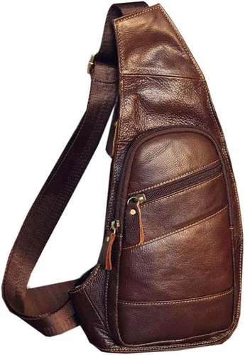 Vista 6 de Mochila estilo bandolera de piel para hombres y mujeres, bandolera de hombro, al pecho, mochila de uso diario para viajes, al aire libre