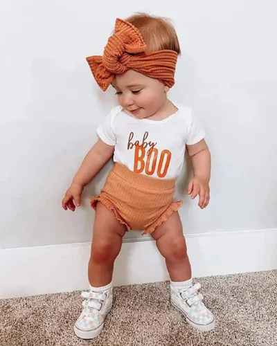 Vista 2 de Muasaaluxi Traje de Halloween para bebé recién nacida, mameluco de manga corta, pantalones cortos acanalados con diadema para Halloween