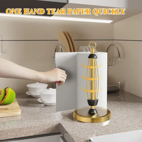 Vista 2 de Toallero de papel dorado para encimera, decoración de accesorios de cocina dorados, lágrima con una sola mano, acero inoxidable, base pesada