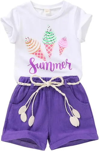 Vista 20 de YOUNGER TREE - Conjunto de ropa para bebés y niñas, camiseta de sandía y pantalones cortos de lino con cinturón, conjunto de verano lindo Abeja feliz