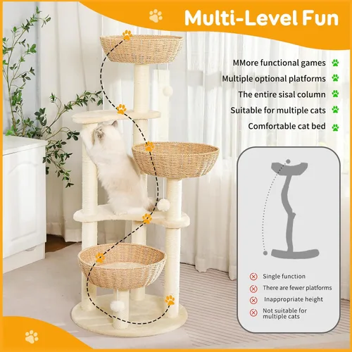 Vista 7 de 52-Inch Cat Tree Tower for Large Cats with Woven Basket Beds Three woven beds, multi-level platforms and sisal posts provide climbing, scratching