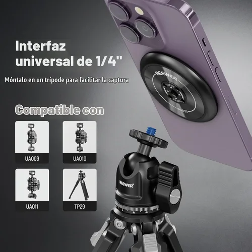 Vista 3 de NEEWER Soporte magnético para teléfono trípode con adaptador de rosca de 1/4" compatible con iPhone MagSafe, palo selfie para 15 Pro Max 15 Plus 14
