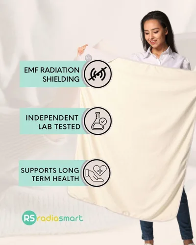 Vista 3 de Radia Smart® Bloqueo 5G, manta de bebé con protección EMF, protector de vientre para embarazo, capa exterior 100% algodón orgánico, grande 43 x 35