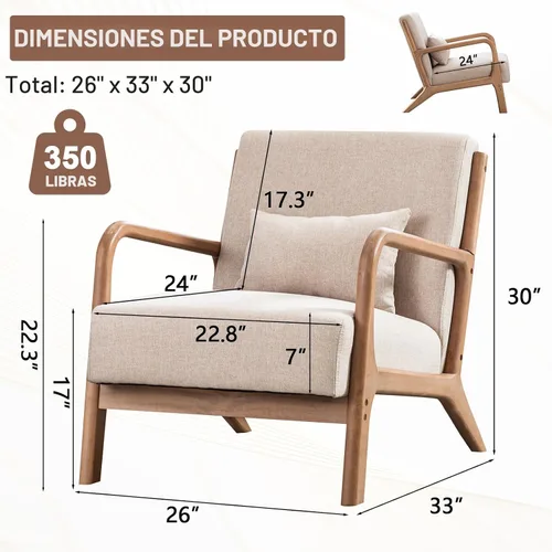 Vista 2 de ANJ ANJHOME Silla moderna de mediados de siglo, estilo Accent, con asiento de tela cómoda para sala de estar con estructura de madera maciza, sillón