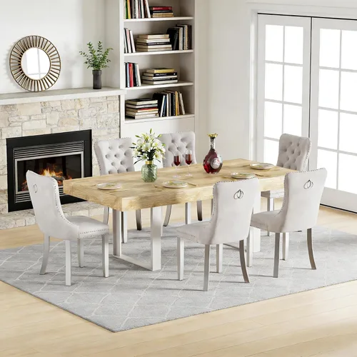 Vista 11 de Juego de mesa de comedor extensible de 5 piezas para 4, mesa de cocina de madera marrón de 63-78.7 pulgadas con 4 sillas acolchadas beige, juego