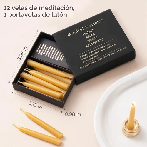 Vista 2 de Juego de velas de meditación consciente con 12 mini velas cónicas de cera de abeja con soporte de latón para oración y reflexión, regalos