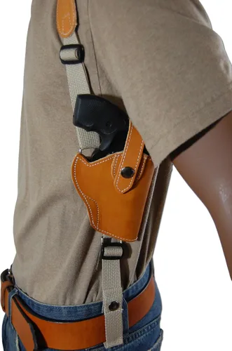 Vista 3 de Barsony Nuevo Saddle Tan Cuero Vertical Cruz Arnés Hombro Holster para 2-3" Snub Nose Revolvers
