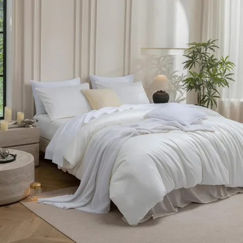Vista 3 de MooMee Juego de funda de edredón 100% algodón de fibra extra larga de 600 hilos, satén sedoso, suave, transpirable, duradero, ropa de cama de Blanco