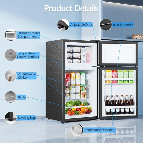 Vista 3 de Electactic - Mini refrigerador de 2.5 pies cúbicos con congelador, refrigerador compacto de doble puerta, estantes de vidrio ajustables, termostato