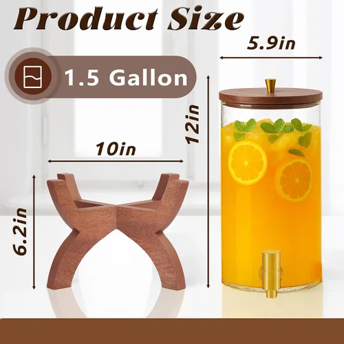 Vista 3 de Dispensador de bebidas de vidrio, dispensador de bebidas de 1.5 galones con soporte, dispensador de limonada con grifo de acero inoxidable, Soporte