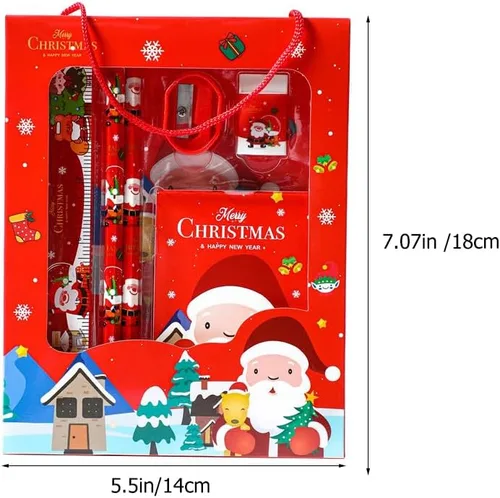 Vista 7 de LUOZZY 4 juegos de regalo de Navidad para niños y estudiantes, papelería temática de Navidad de dibujos animados con caja de regalo y asa, incluye